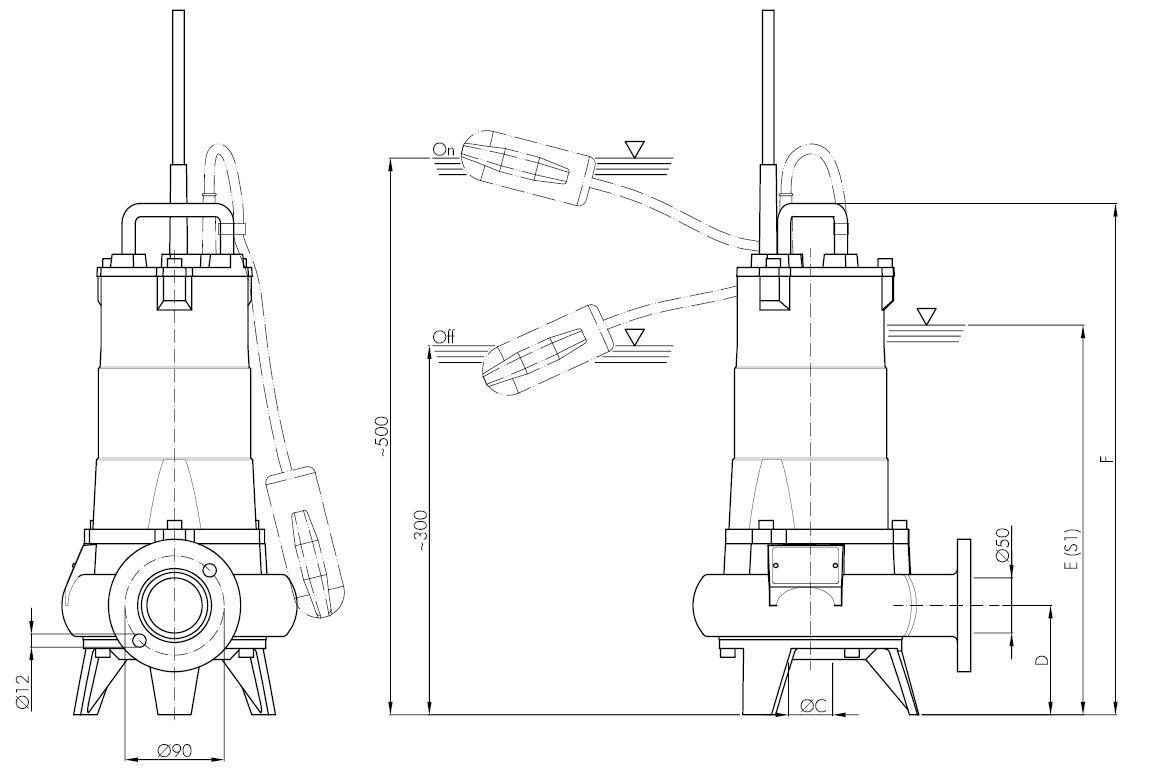Погружной фекальный насос Hydropompe F 202M/G и поплавковым выключателем: Схема с размерами 1