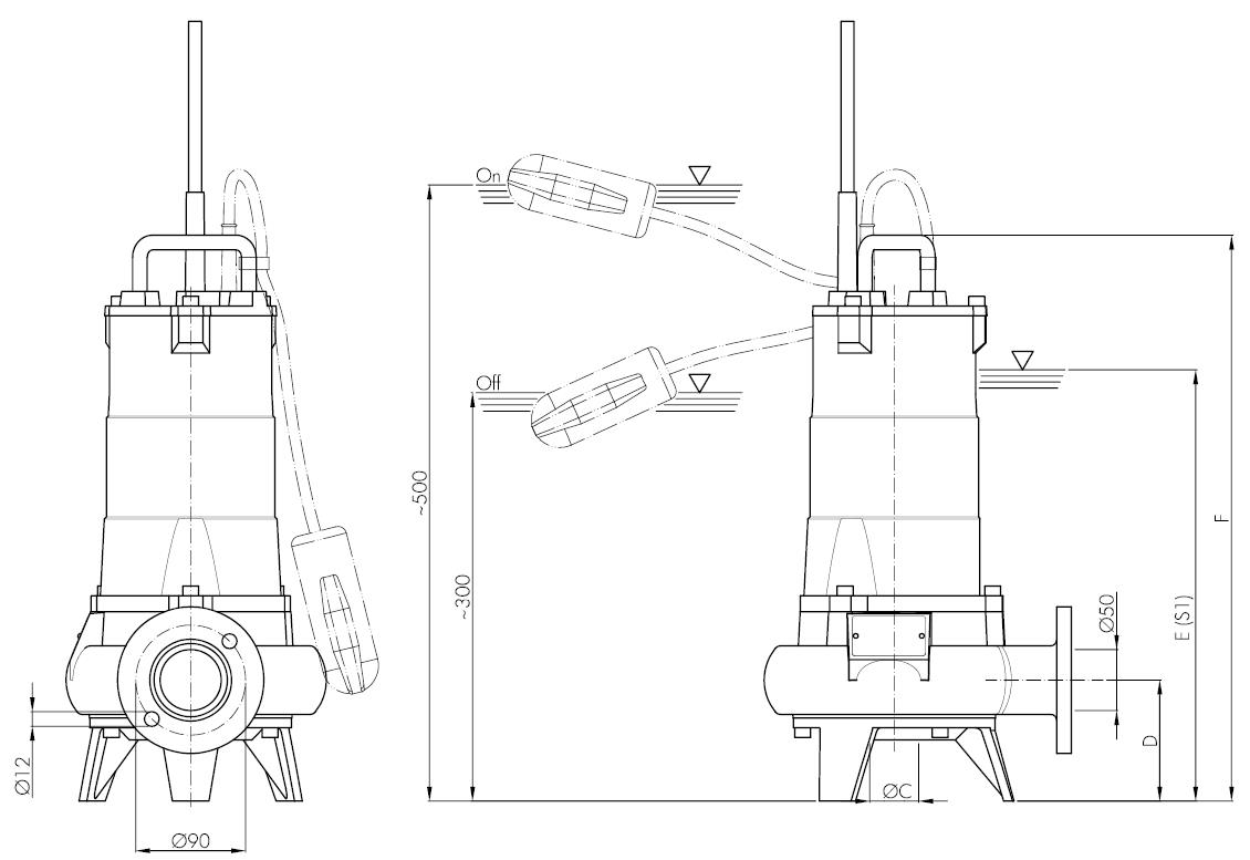 Погружной фекальный насос Hydropompe F 154M/G и поплавковым выключателем: Схема с размерами 1