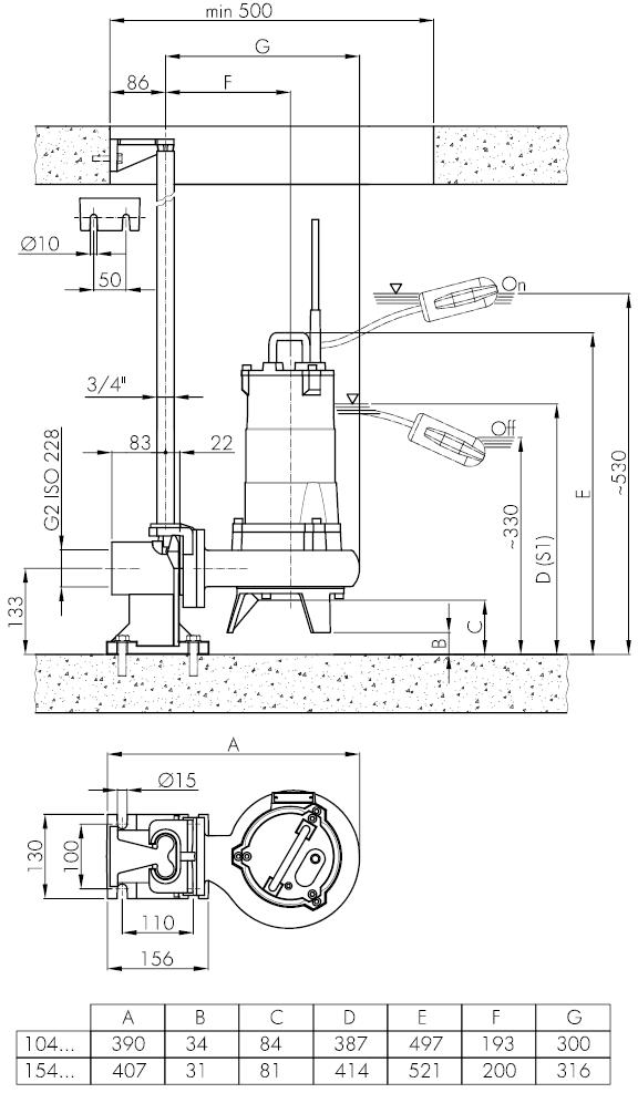 Погружной фекальный насос Hydropompe F 104T/G и поплавковым выключателем: Стационарная установка с опускным устройством