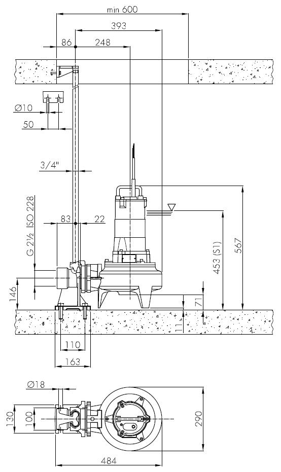 Погружной фекальный насос Hydropompe F 204/07M: Стационарная установка с опускным устройством