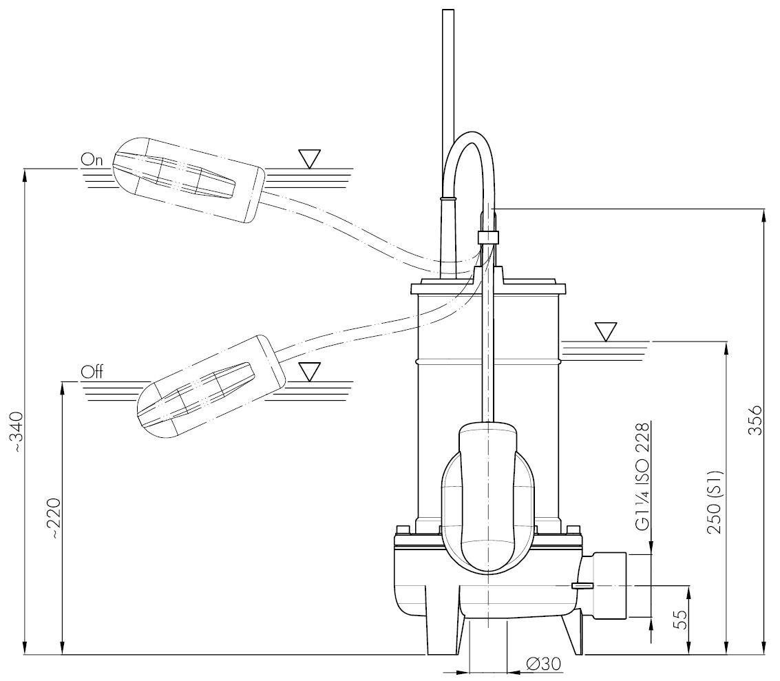 Погружной дренажный насос Hydropompe F с поплавковым выключателем для чистой и {грязной|загрязненной} {жидкости|воды}.: Схема с размерами 1