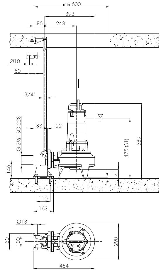 Погружной фекальный насос Hydropompe F 242T: Стационарная установка с опускным устройством