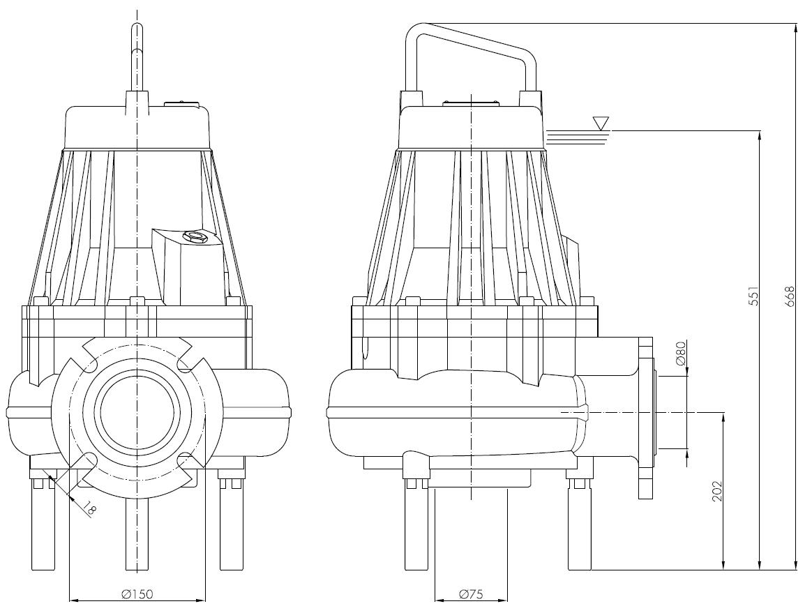 Погружной фекальный насос Hydropompe F 304/413: Схема с размерами 1