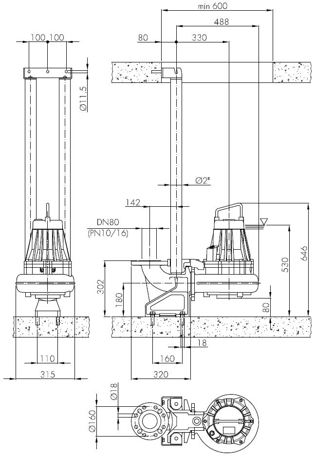 Погружной фекальный насос Hydropompe F 404/413: Стационарная установка с опускным устройством
