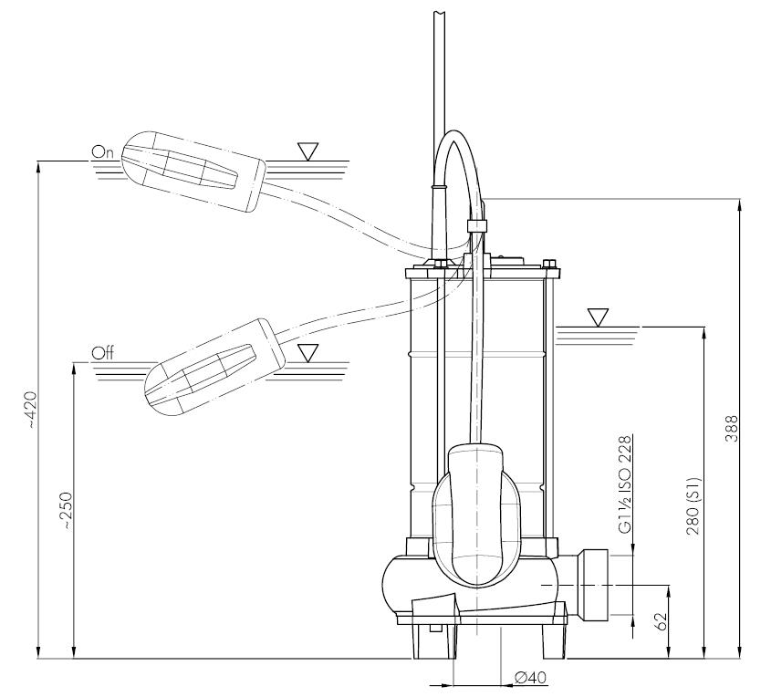 Погружной фекальный насос Hydropompe F с поплавковым выключателем: Схема с размерами 1