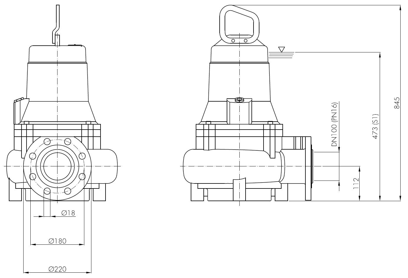 Погружной фекальный насос Hydropompe F 704/432: Схема с размерами 1
