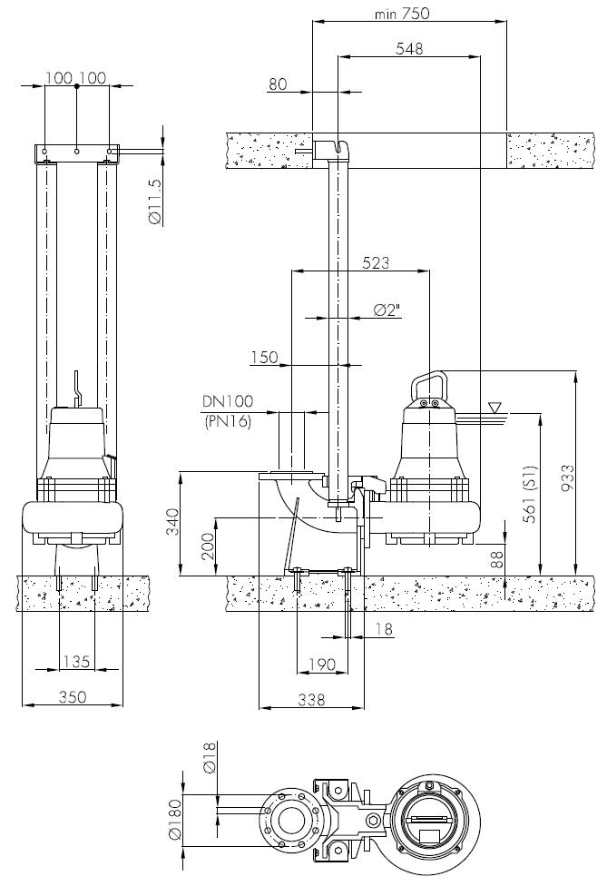 Погружной фекальный насос Hydropompe F 904/442: Стационарная установка с опускным устройством