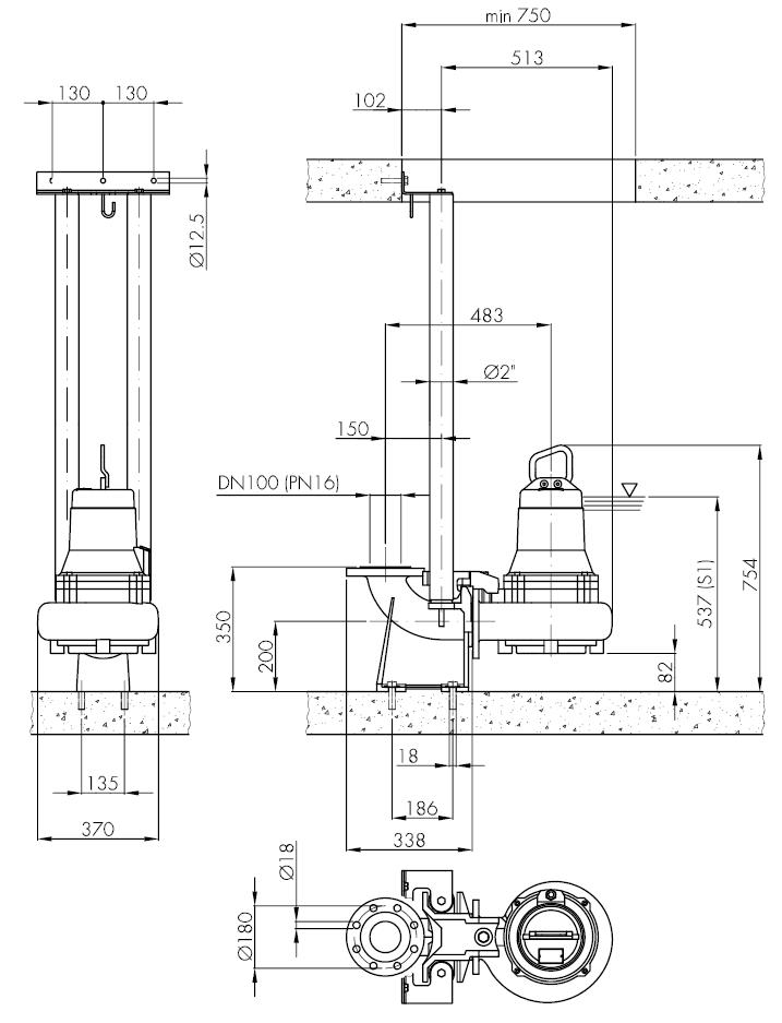 Погружной фекальный насос Hydropompe F 504/423: Стационарная установка с опускным устройством