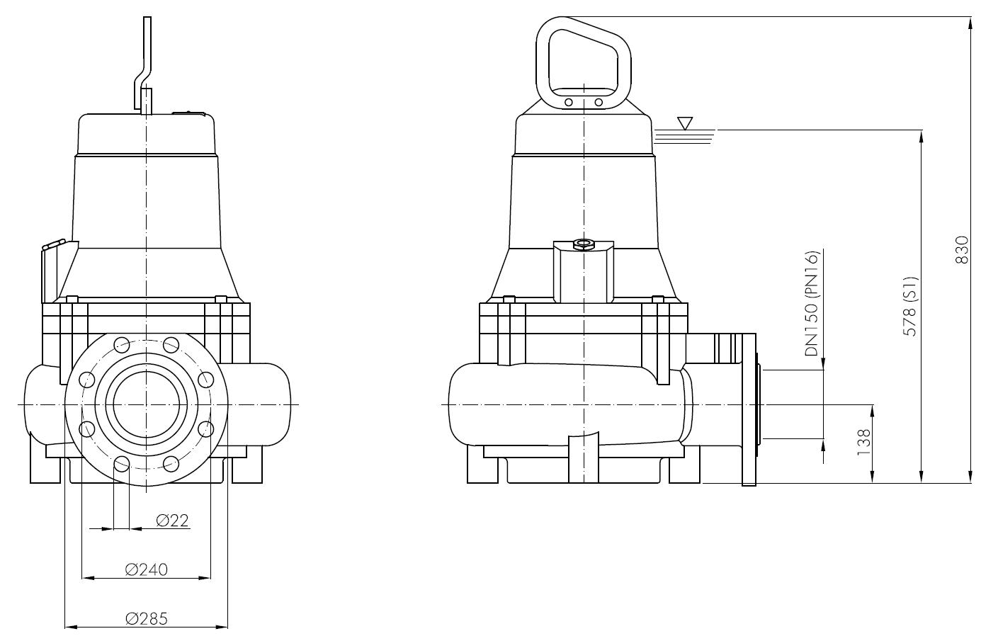 Погружной фекальный насос Hydropompe F 1504/463: Схема с размерами 1