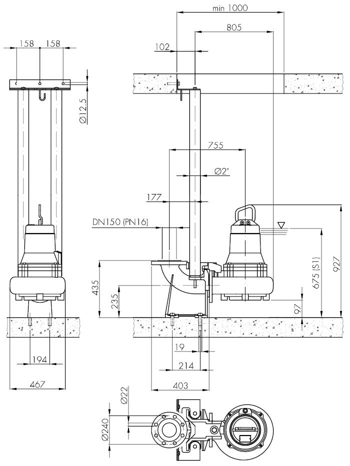 Погружной фекальный насос Hydropompe F 704/433: Стационарная установка с опускным устройством