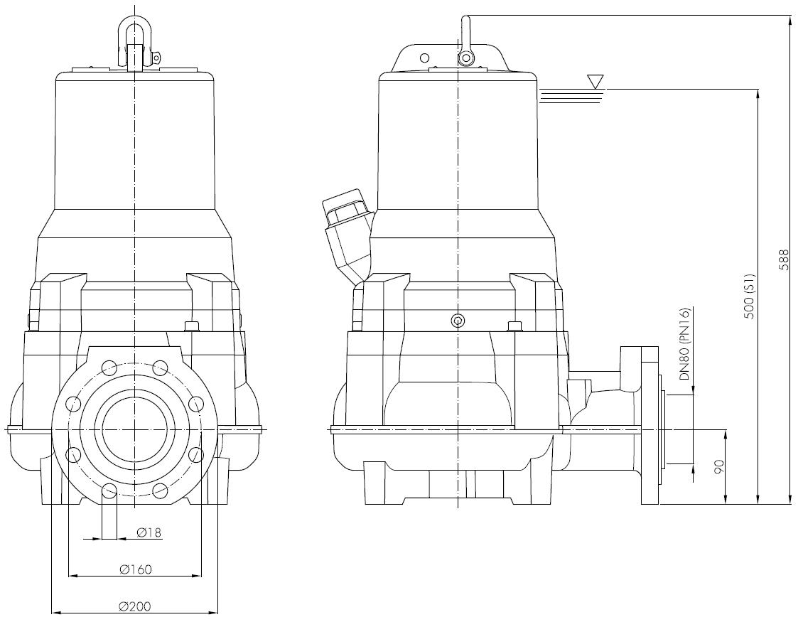 Погружной фекальный насос Hydropompe FV 854/55: Схема с размерами 1