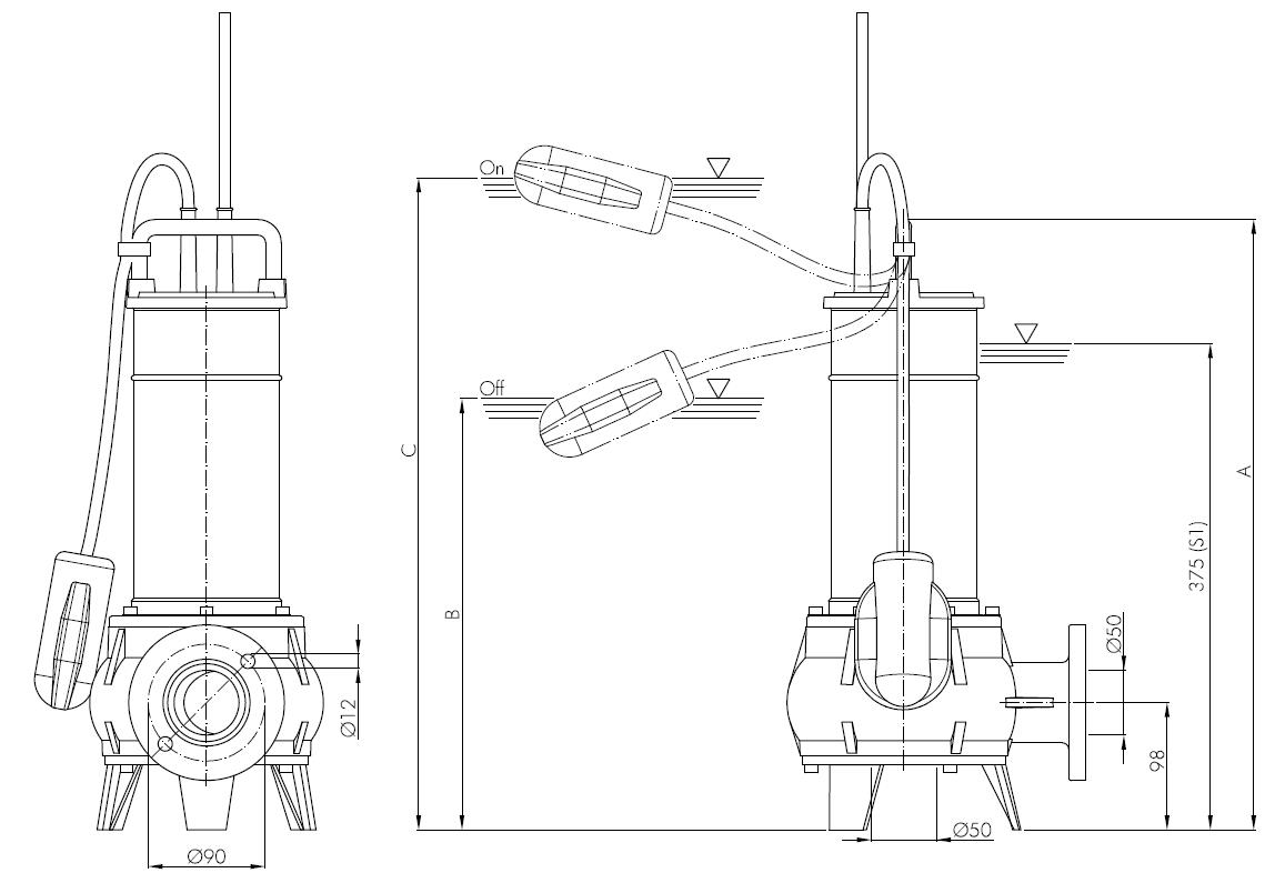 Погружной фекальный насос Hydropompe F 92.15XMV/G с поплавковым выключателем: Схема с размерами 1
