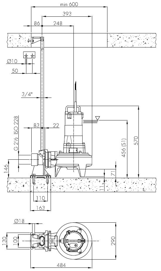 Погружной фекальный насос Hydropompe F N302T: Стационарная установка с опускным устройством