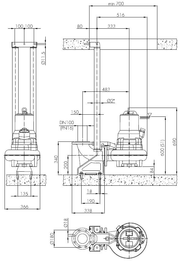 Погружной фекальный насос Hydropompe FM 1024/22: Стационарная установка с опускным устройством