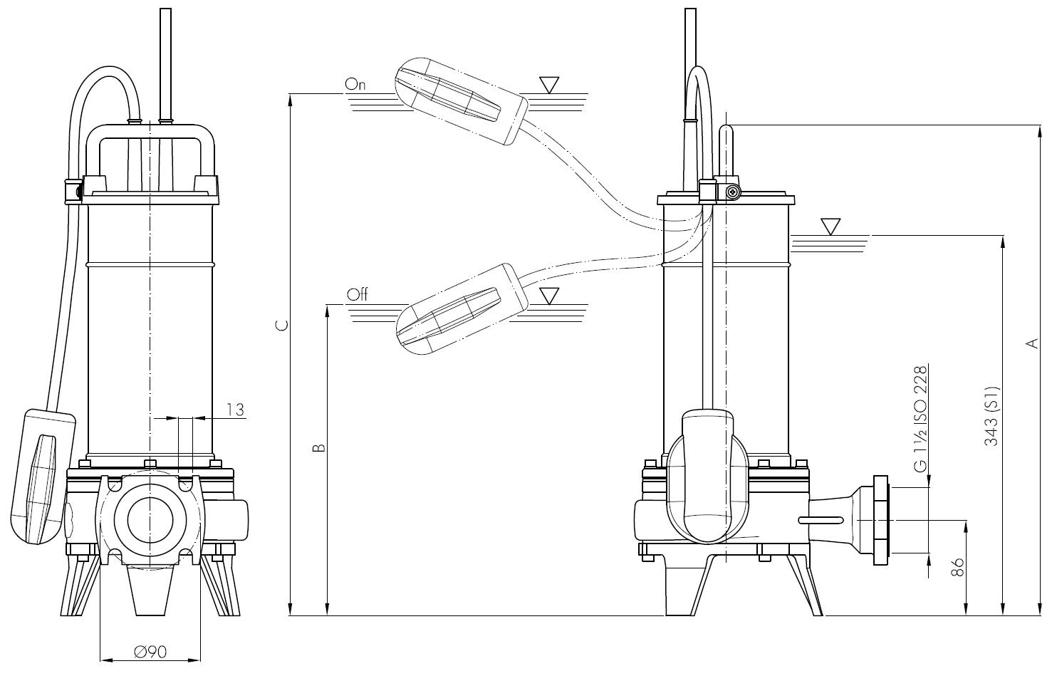 Погружной фекальный насос Hydropompe FTR 126M/G с измельчителем и поплавковым выключателем: Схема с размерами 1