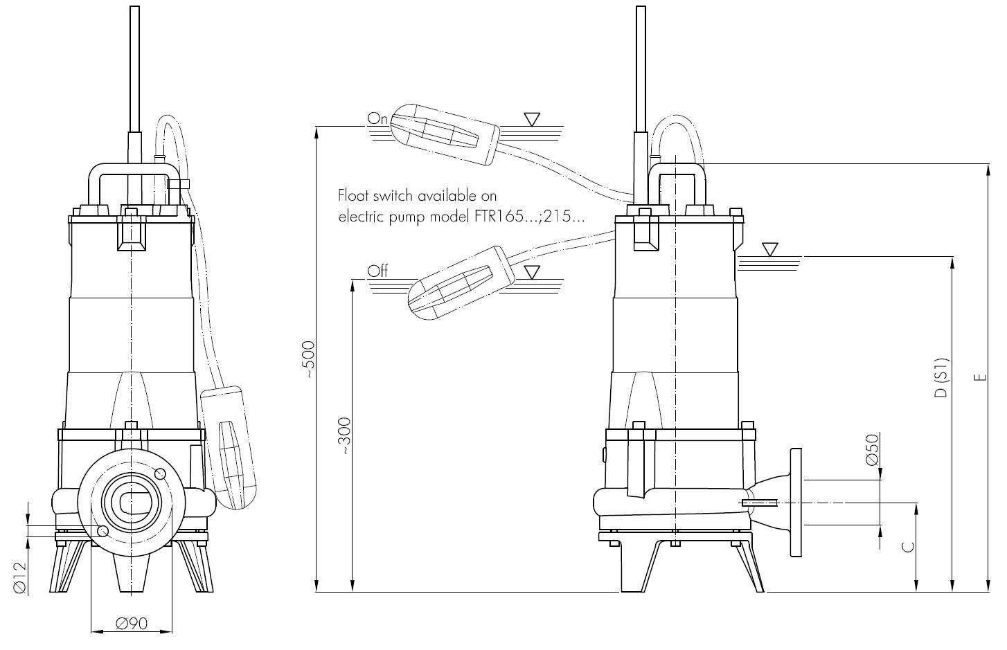 Погружной фекальный насос Hydropompe FTR 215M/G с измельчителем и поплавковым выключателем: Схема с размерами 1