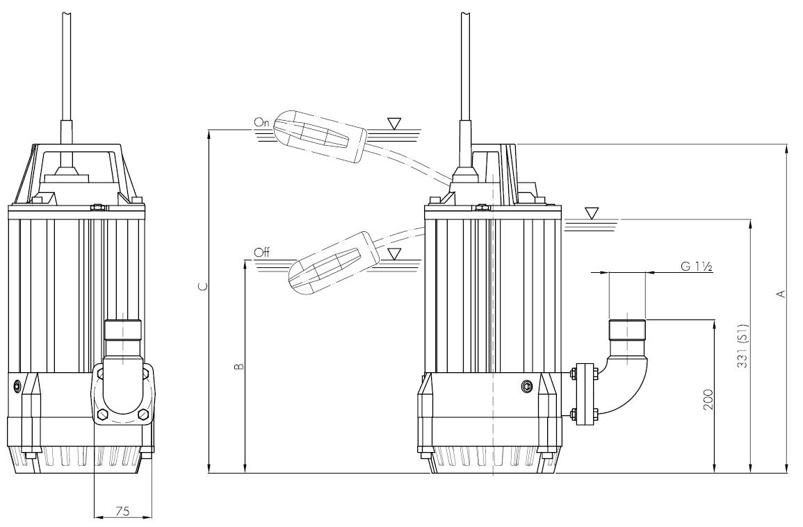 Погружной дренажный насос Hydropompe HYDRO 15MAP/G с двойной открытой крыльчаткой: Схема с размерами 1